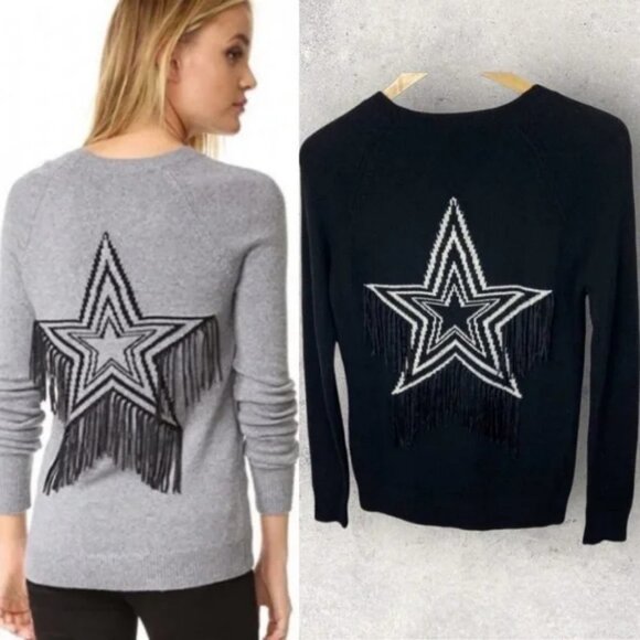 Rebecca Minkoff Cashmere Blend Knit Fringe Star Sweater Black Western Size‎ XS - Picture 1 of 13